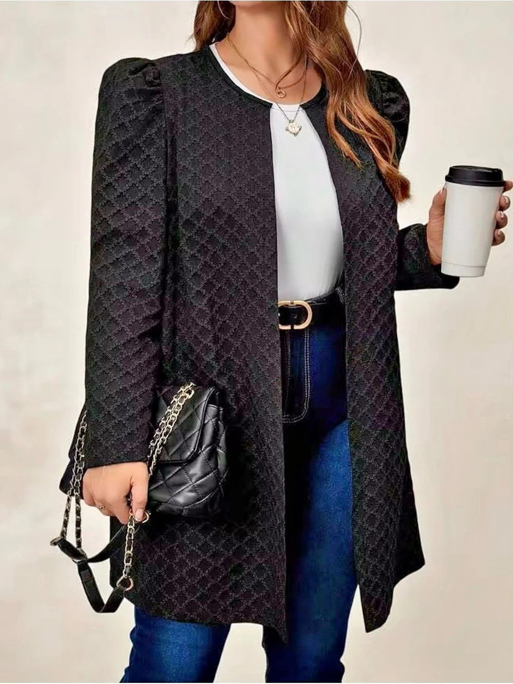 SHEIN Curve Textured Puff Sleeve Coat in Black Size 0XL Like New